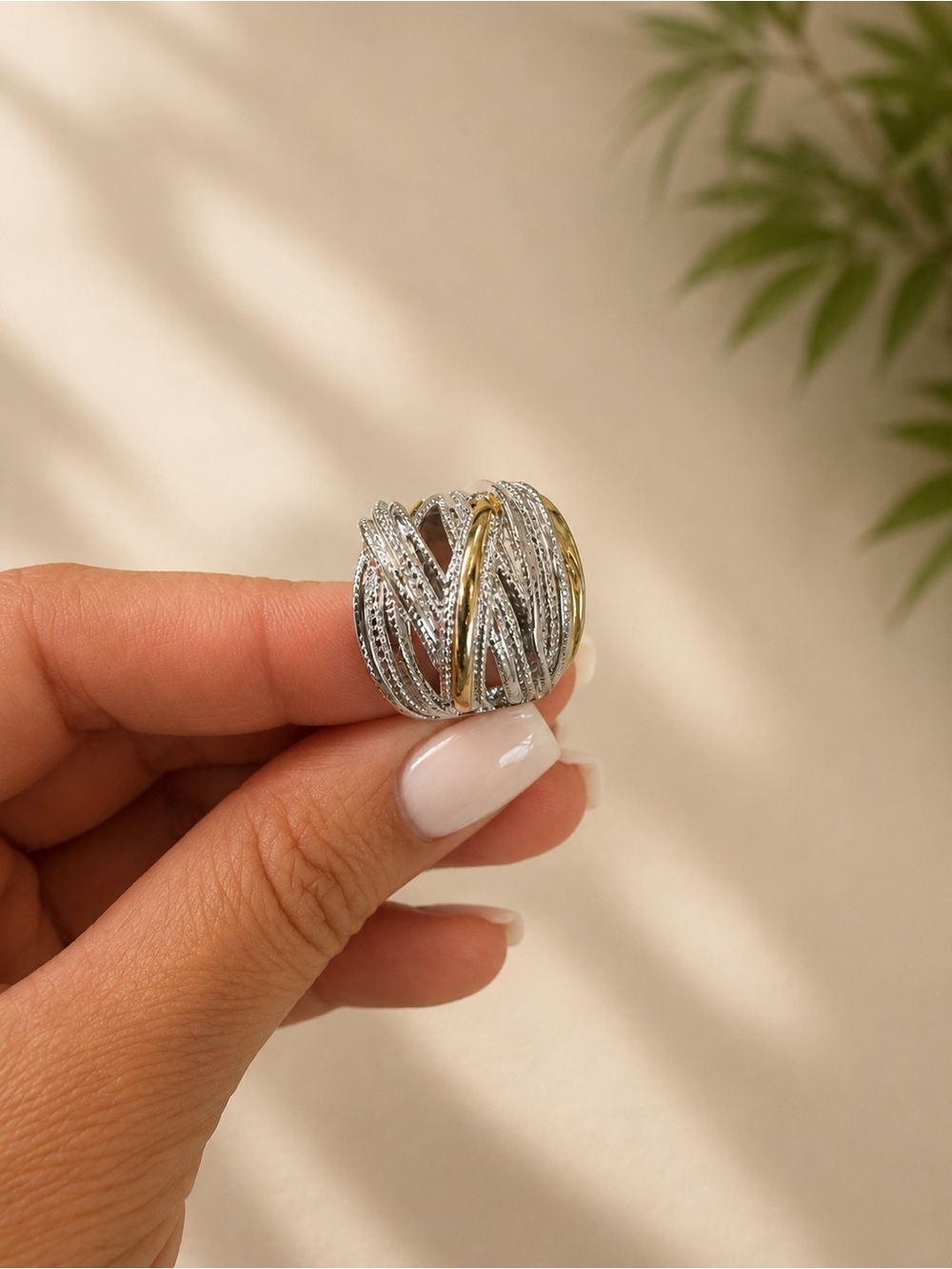 Elegant Multi-Band Silver Ring with Pavé Accents - Picture 2 of 3